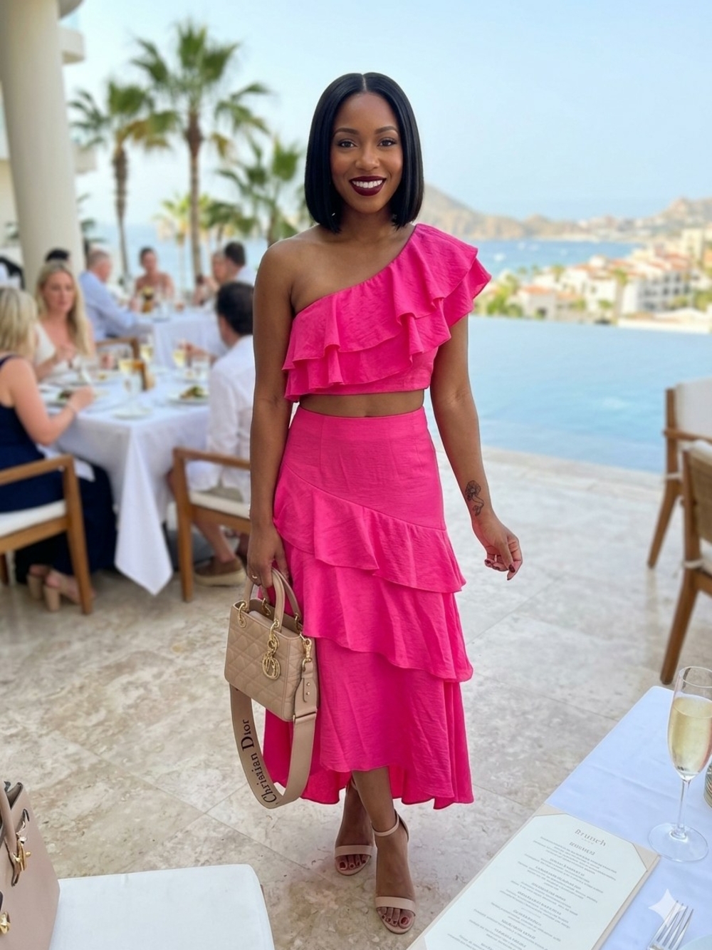 Pink Lily One-Shoulder Ruffle Midi Set - Hot Pink (Medium)